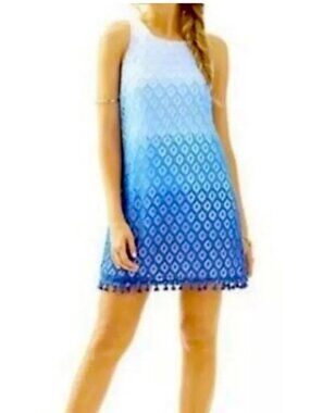 Lilly Pulitzer Marquette Ombre Lace Shift Dress Tassels Sleeveless Blue XS